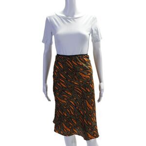 Angela Amiri Womens Silk Striped Print Midi Bias Slip Skirt Brown Orange Size S